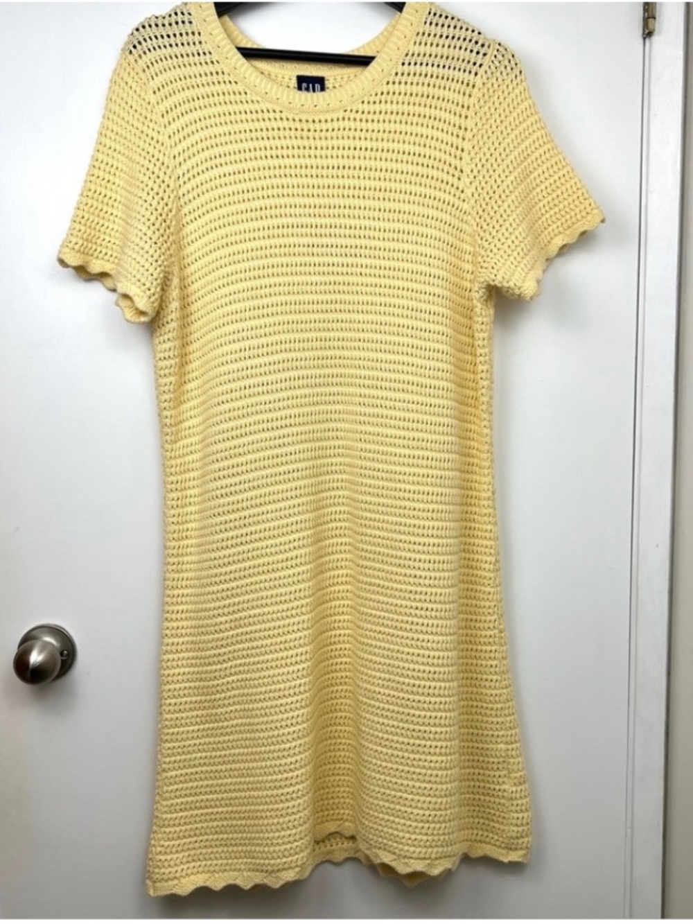 GAP Crochet Knit Short Sleeve Mini Dress size L Maize Yellow Summer Semi Sheer